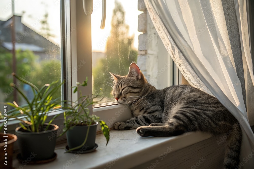 Gray Tabby Cat Enjoys a Sunny Afternoon on the Windowsill Generative AI