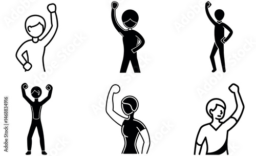 Victory Pose Icon Silhouettes Set - Inspirational Victory Gesture Illustrations