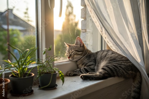Obraz na płótnie Gray Tabby Cat Enjoys a Sunny Afternoon on the Windowsill Generative AI w salonie