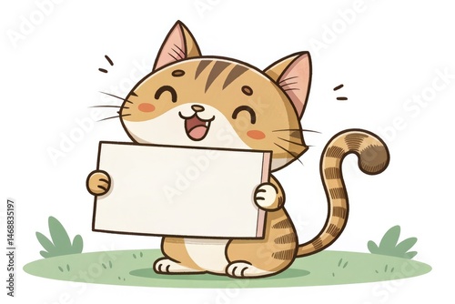 Obraz na płótnie Happy Tabby Cat Holds Blank Sign in a Playful Moment Generative AI w salonie