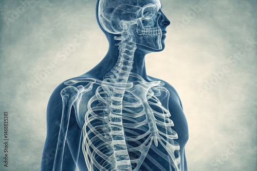 Obraz na płótnie Human Skeleton X-Ray Showcasing Ribcage, Spine, and Shoulder Generative AI w salonie