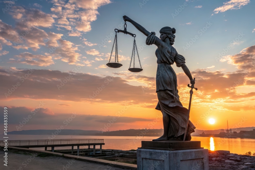 Lady Justice Statue at Sunset Near Tranquil Water Generative AI