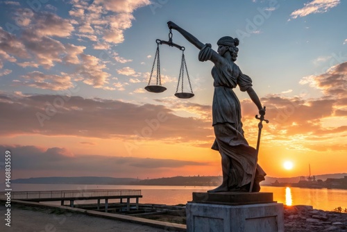 Lady Justice Statue at Sunset Near Tranquil Water Generative AI