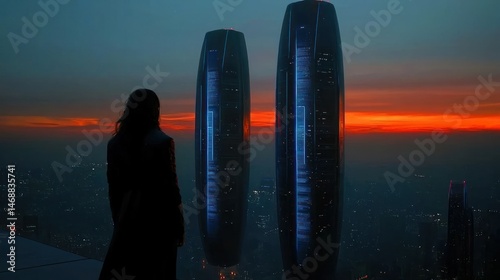 Person gazing at futuristic architecture during sunset in cityscape