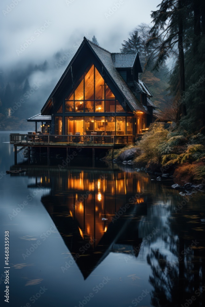 Fototapeta premium Cozy lakeside log cabin twilight