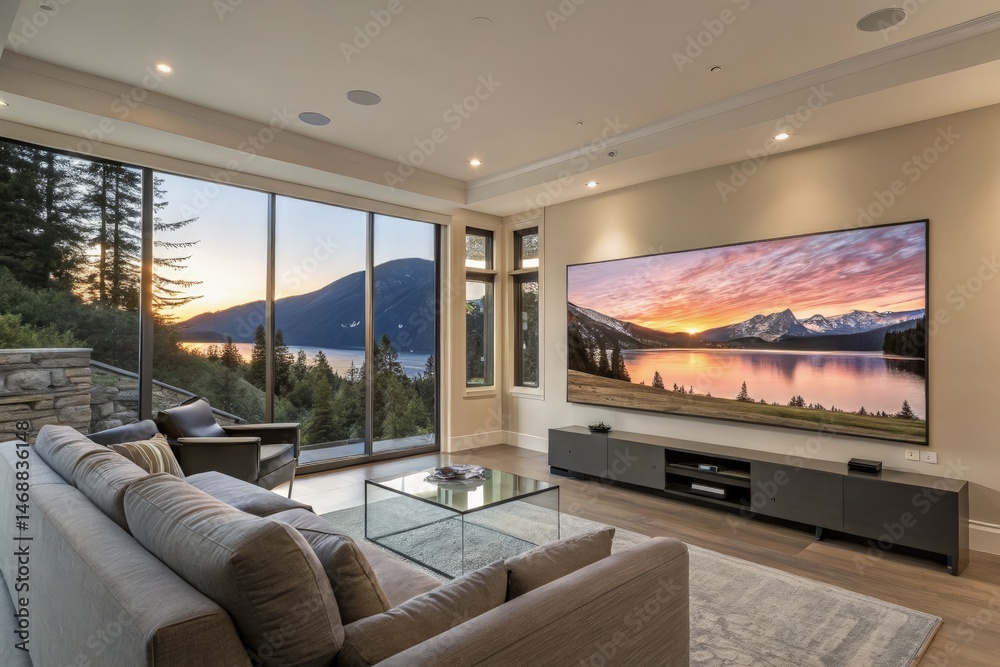 Modern Living Room With Large Screen and Stunning Sunset View Generative AI