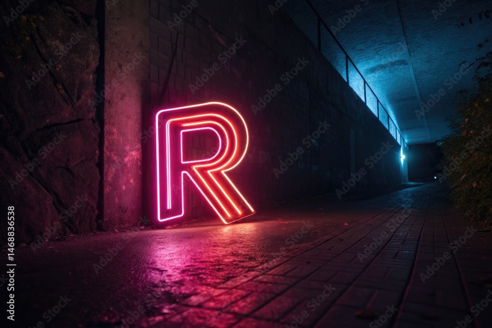 Neon Letter R Glowing Brightly in Dark Urban Environment Generative AI