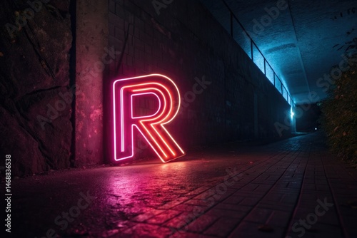 Obraz na płótnie Neon Letter R Glowing Brightly in Dark Urban Environment Generative AI w salonie
