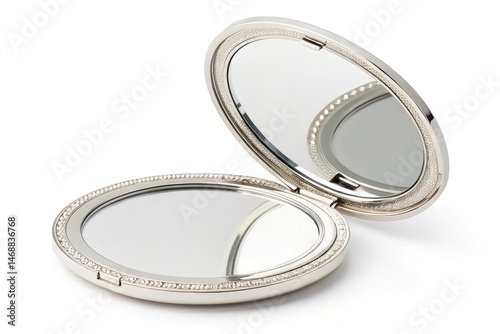 Open Round Powder Compact Mirror With Silver Rim Displayed Generative AI