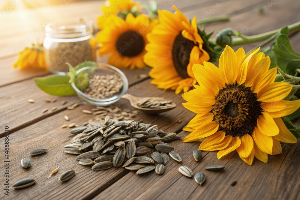 Organic Sunflower Seeds and Flowers on Rustic Wooden Table Generative AI