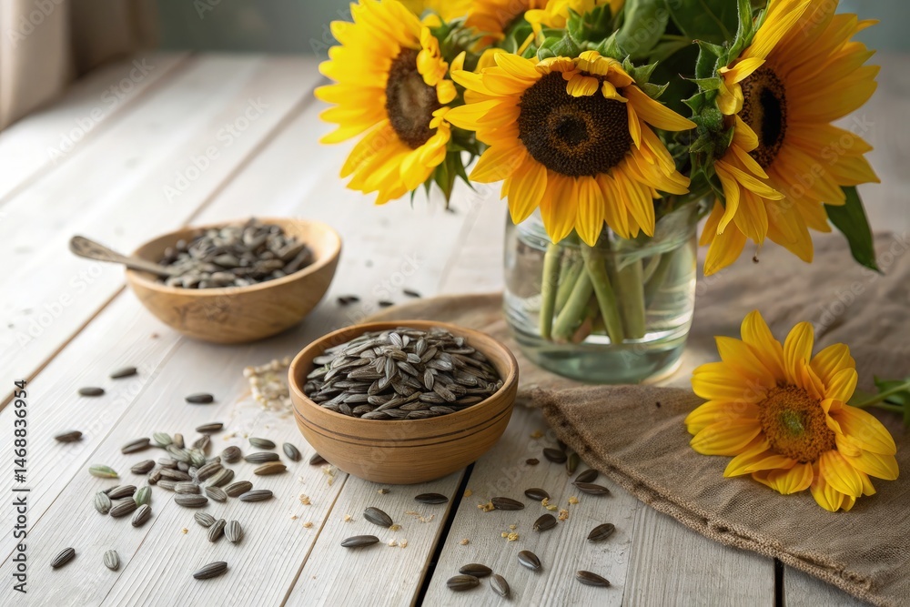 Sunflower Seeds and Vibrant Blooms on Rustic Wooden Table Generative AI