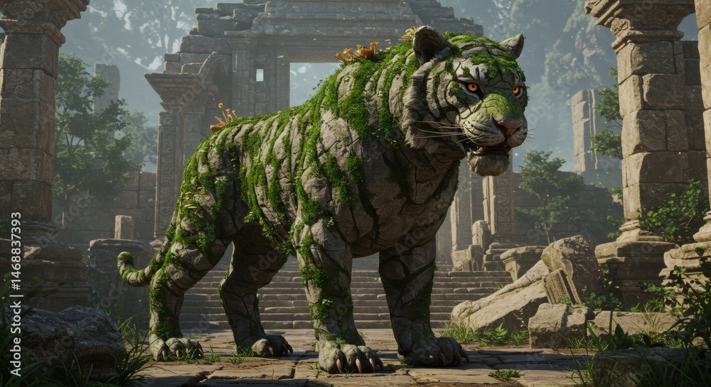Tiger Statue Covered in Moss Stands Guard Amidst Ancient Ruins Tiger Statue Covered in Moss Stands Guard Amidst Ancient Ruins