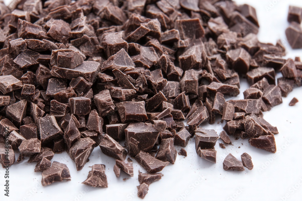Pile of rough chopped dark chocolate pieces on white surface
Pile of rough chopped dark chocolate pieces on white surface