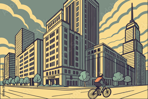 125 urban cityscape, modern architecture, skyscrapers, cyclist riding a bicycle, tree-lined streets, cloudy sky, detailed illustration, vibrant colors, cinematic lighting, digital art, isometric persp