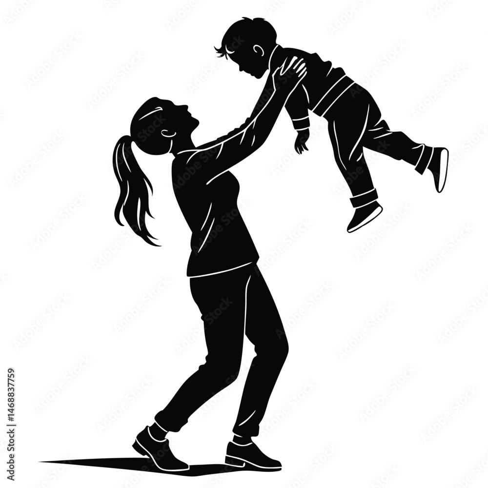 Fototapeta premium Silhouette of mother lifting child in the air with joy