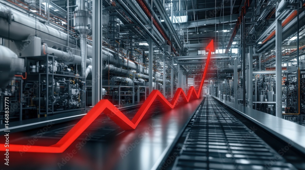 Fototapeta premium Upward red arrow graph in modern factory.