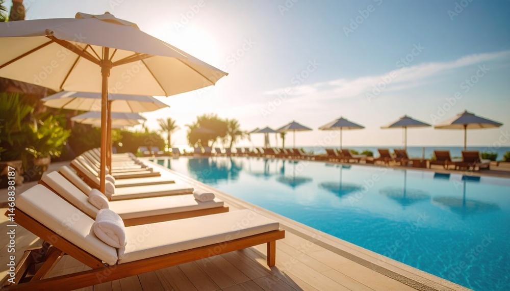 Beachfront hotel outdoor pool in the morning sunshine, rows of sun loungers and white parasols next to it. Beachfront hotel outdoor pool in the morning sunshine, rows of sun loungers and white parasols next to it.