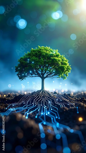 Tree of life with digital roots symbolizing technology and nature connection for future growth