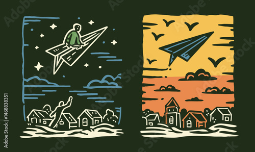 Creative Doodle of Paper Airplane Adventure in Nature Scene