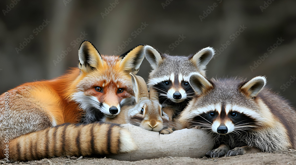 Obraz premium Fox and Raccoons Close Up