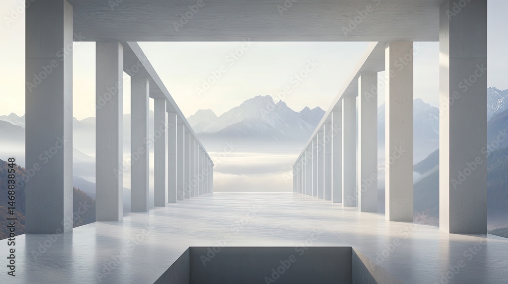 Obraz premium Empty modern colonnade leads to misty mountain range.