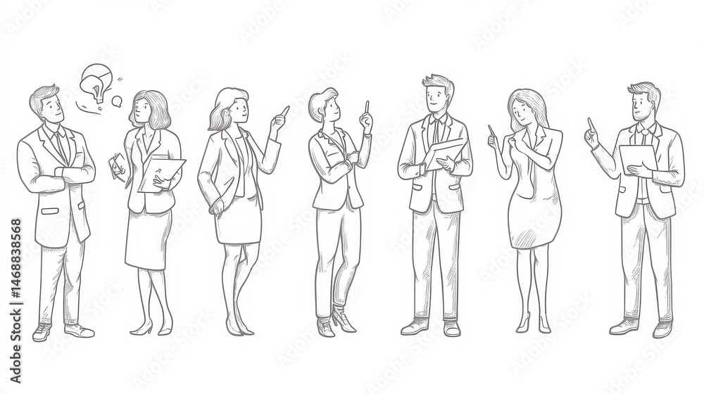Linear vector illustration set of business people in work process. Men and women thinking about problem solution, showing a plan, pointing, explaining the presentation, searching for strategic data. Linear vector illustration set of business people in work process. Men and women thinking about problem solution, showing a plan, pointing, explaining the presentation, searching for strategic data.