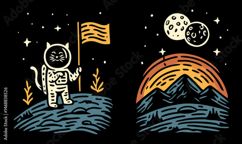 Cat Astronaut Holding Flag in Cosmic Landscape Doodle Art