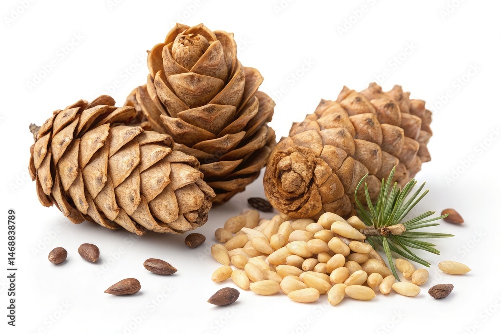 Pine Cones and Pine Nuts Presented on a Clean White Surface Generative AI