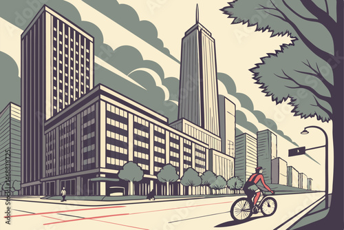 125 urban cityscape, modern architecture, skyscrapers, cyclist riding a bicycle, tree-lined streets, cloudy sky, detailed illustration, vibrant colors, cinematic lighting, digital art, isometric persp