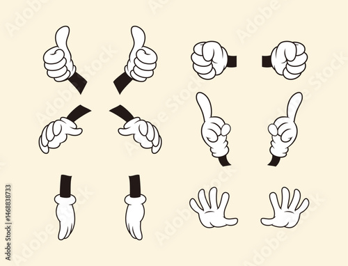 hand gesture vector icon set. Vintage cartoon hands in gloves and feet in shoes. Cute animation character body parts. Comics arm gestures and walking leg poses vector set. Different movements isolated