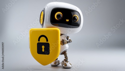 3D Robot Holding a Shield with a Padlock Icon on White Background