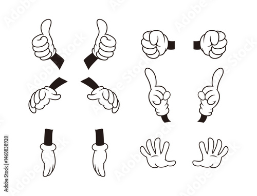 hand gesture vector icon set. Vintage cartoon hands in gloves and feet in shoes. Cute animation character body parts. Comics arm gestures and walking leg poses vector set. Different movements isolated