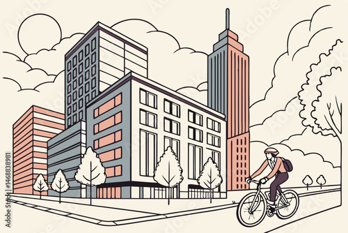 125 urban cityscape, modern architecture, skyscrapers, cyclist riding a bicycle, tree-lined streets, cloudy sky, detailed illustration, vibrant colors, cinematic lighting, digital art, isometric persp