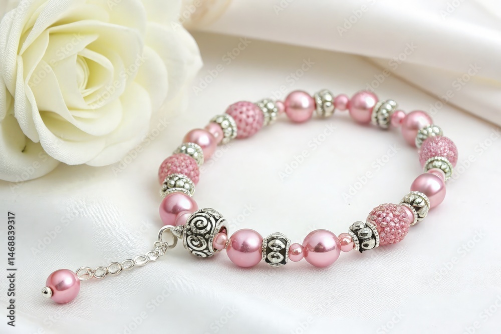 Pink Beaded Bracelet Adorned With Silver Accents on White Fabric Generative AI