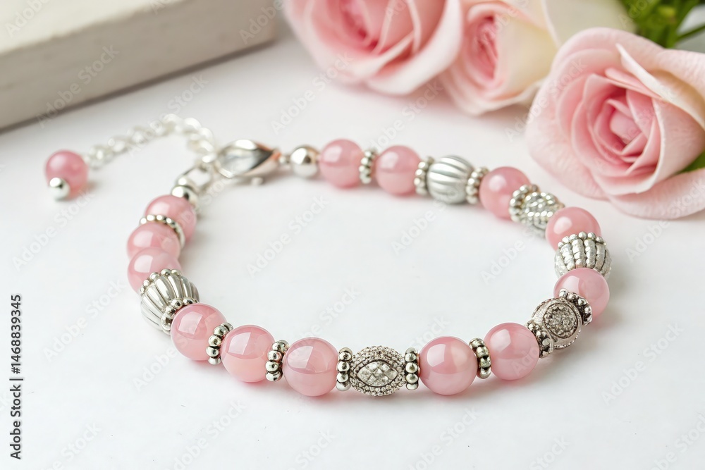 Delicate Pink Beaded Bracelet With Silver Accents on Display Generative AI