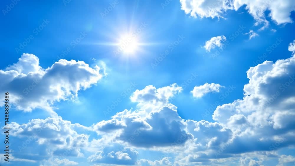 lapse bright sun on blue summer sky with moving fluffy clouds, sun shining sunbeams, white cumulus clouds on sunshine day. Time-lapse, sun rays daylight, sunny clouds cape