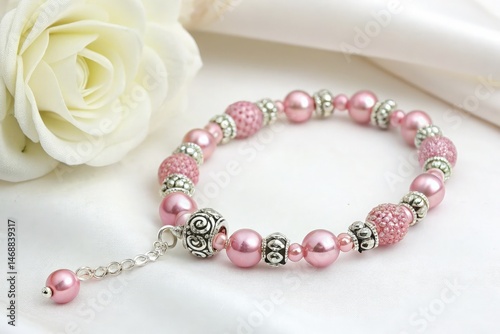 Obraz na płótnie Pink Beaded Bracelet Adorned With Silver Accents on White Fabric Generative AI w salonie