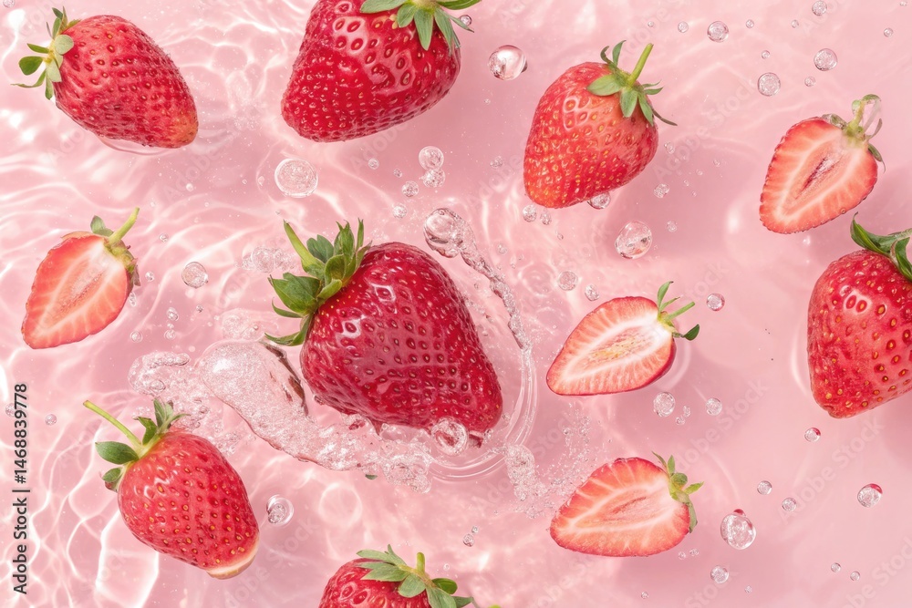 Fresh Strawberries Splash on Pink Strawberry Wallpaper Generative AI