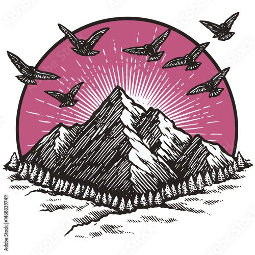 Hand-Drawn Mountain Scene with Birds in a Circular Background Design