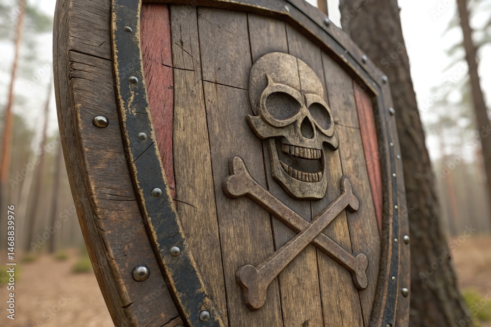 Pirate Skull Carving on a Weathered Wooden Shield in a Forest Generative AI