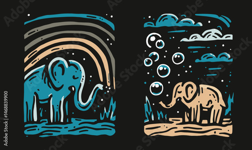 Colorful Hand-Drawn Doodle of Elephants and Rainbows on Dark Background
