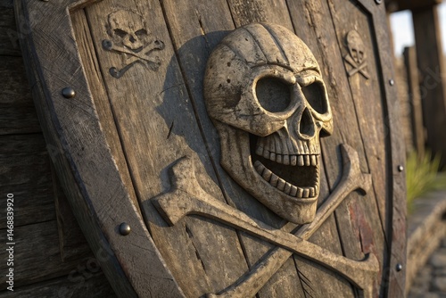 Intricate Pirate Skull Carving on a Wooden Shield Generative AI