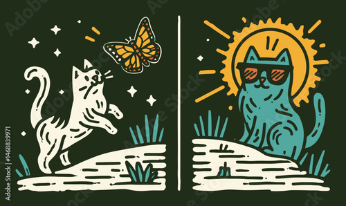 Playful Doodle Drawing of Cat with Butterfly and Cool Sunglasses