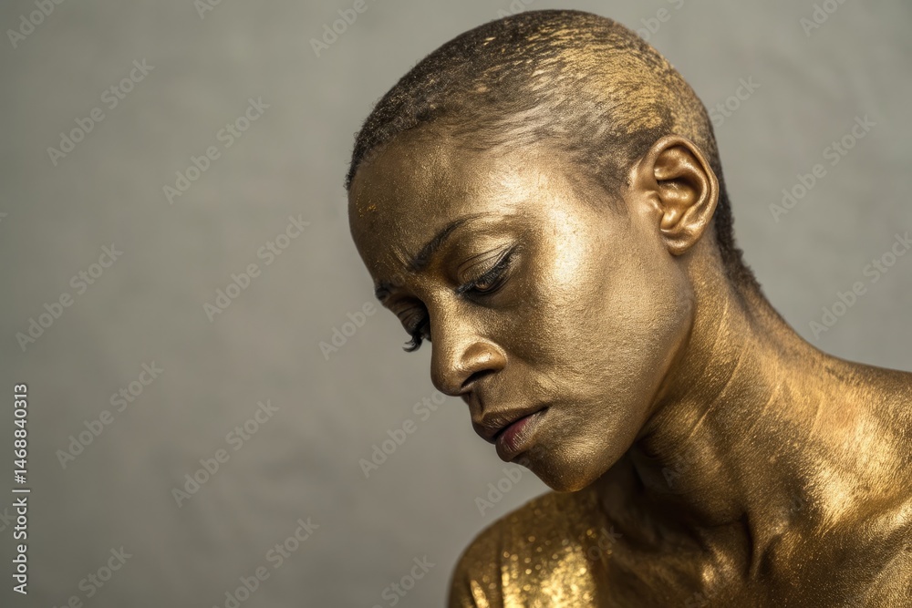 Portrait of a Person Covered in Gold Paint in Artistic Expression Generative AI
