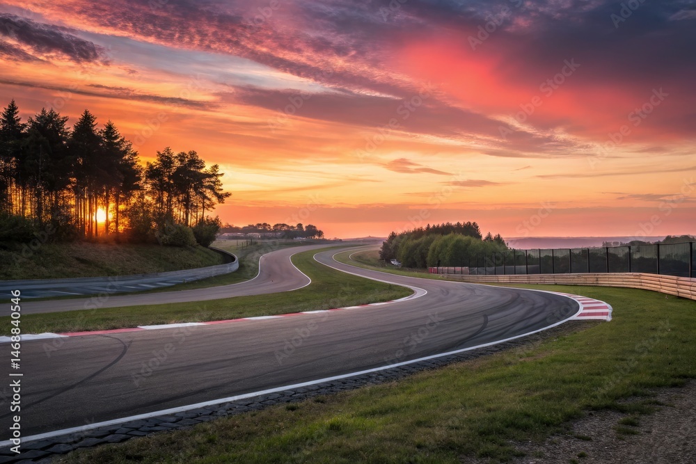 Race Track Winding Towards a Sunset Horizon in Serene Landscape Generative AI