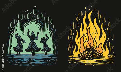 Hand Drawn Doodle of Dancers and Fire in Vibrant Colors