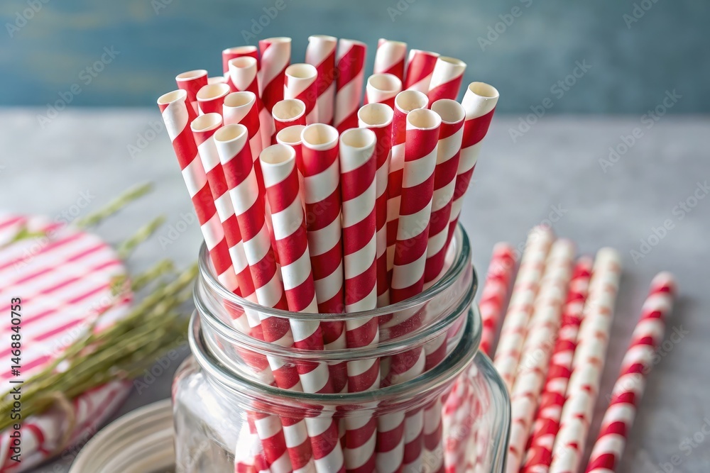 Colorful Red and White Striped Paper Straws in a Glass Jar Generative AI