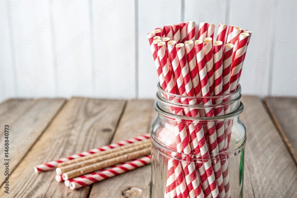 Red and White Striped Paper Straws in Glass Jar on Wooden Table Generative AI