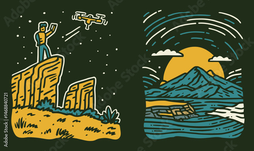 Hand-drawn Doodle of a Drone Pilot and Serene Mountain Landscape