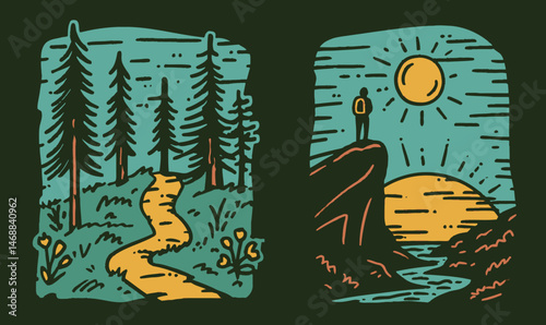 Hand-drawn Doodle of Nature Scene with Trees and Sunlit Landscape